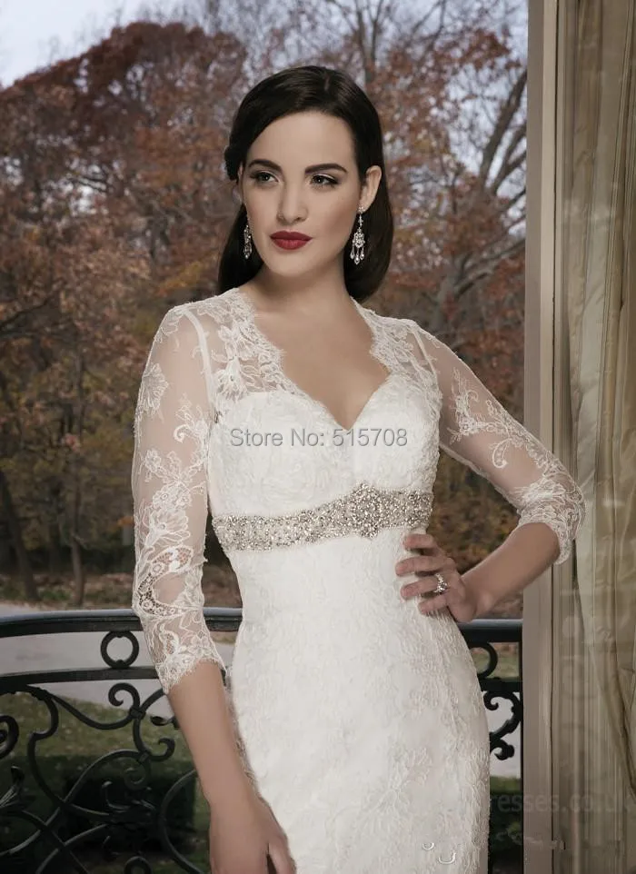 Vestido de novia largo de encaje, prenda especial de manga larga con escote en V profundo, cola de sirena