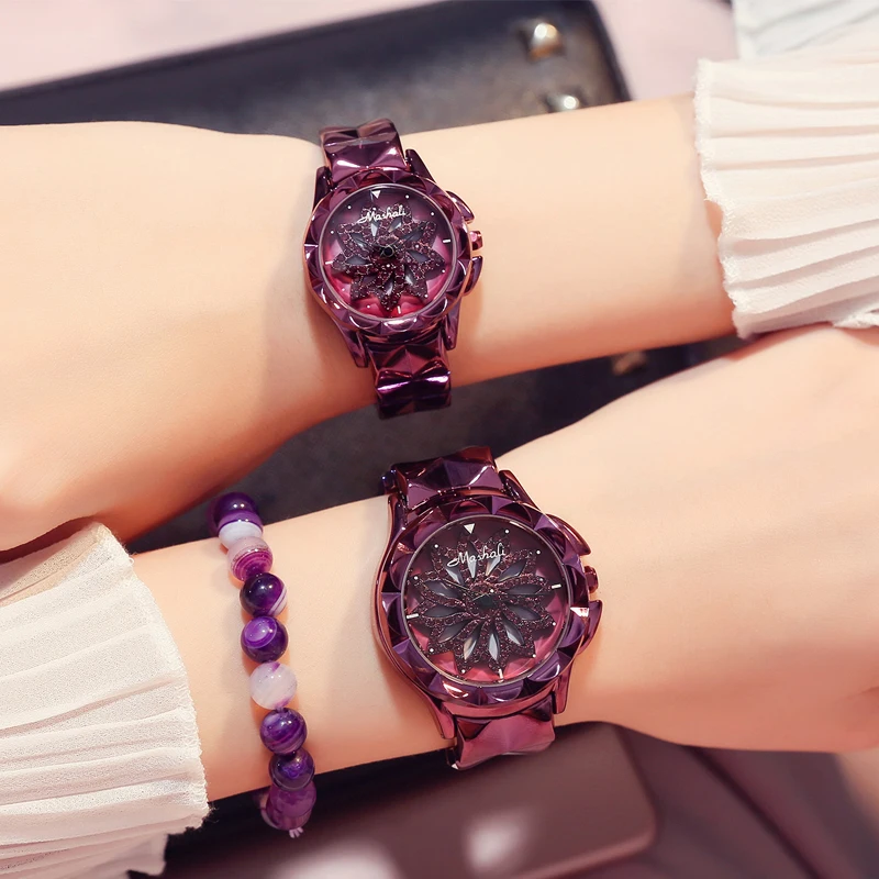 Woman watch purple flower pattern turn round ladies watch Waterproof Fashion Style Steel Watchband female watch