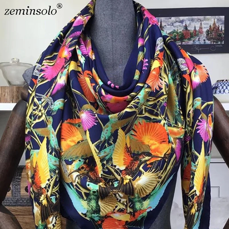 130*130cm New Luxury Brand Scarf Bandana Shawls Printed Bird Women 100% Twill Silk Scarf Square Scarves Hijab Headband