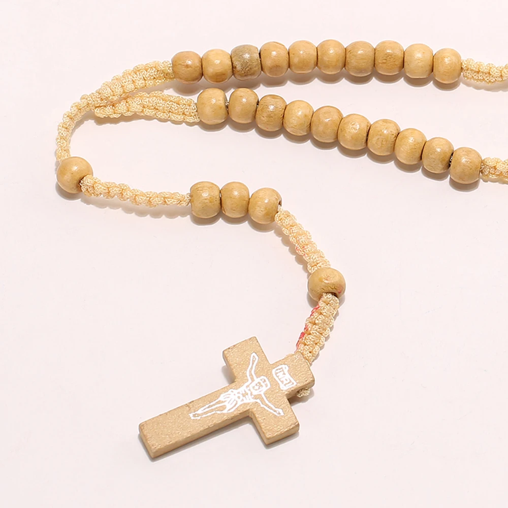 OPPOHERE Men Women Christ Wooden Beads 8mm Rosary Bead Cross Pendant Woven Rope Chain Necklace Jewelry Accessories