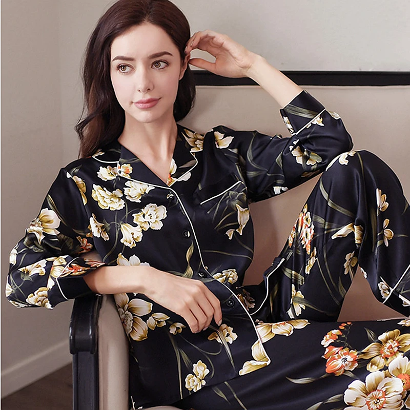 Pajamas Women Robe Sets 100% Silk Printed Fabric Sleepwear Two Pieces Set Turn-down Collar Elastic Waist Nightgown Suits