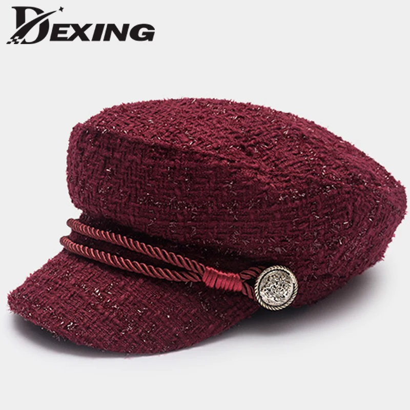 Women Hat Fashion Gold Thread Tweed Baseball Cap Ladies Military Hat Cool Sailor Hat Vintage Student Cap Beret