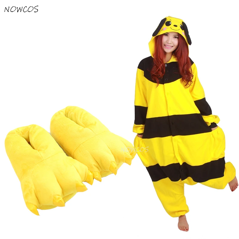 Adult Women Men Bee New Costumes Paws Shoes Cartoon Honeybee Onesies Cosplay Pajamas Sleepwear Winter Pyjamas Halloween Party