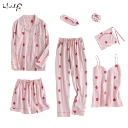 Spring and Summer Cotton Sweet Strawberry Print Pajamas Women Sexy Lingerie Sets Sleepwear Nightwear 7 Pieces Home Clothing