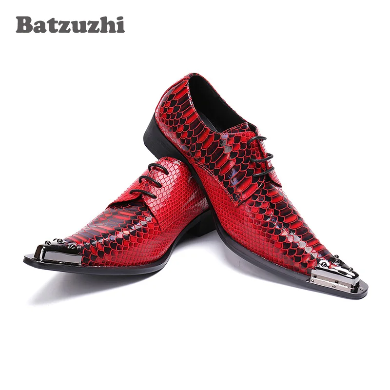 Batzuzhi Red Wedding Men Shoes Zapatos Hombre Fashion Men Shoes Scales Pattern Leather Dress Shoes Men Lace-up Metal Tip, 38-46