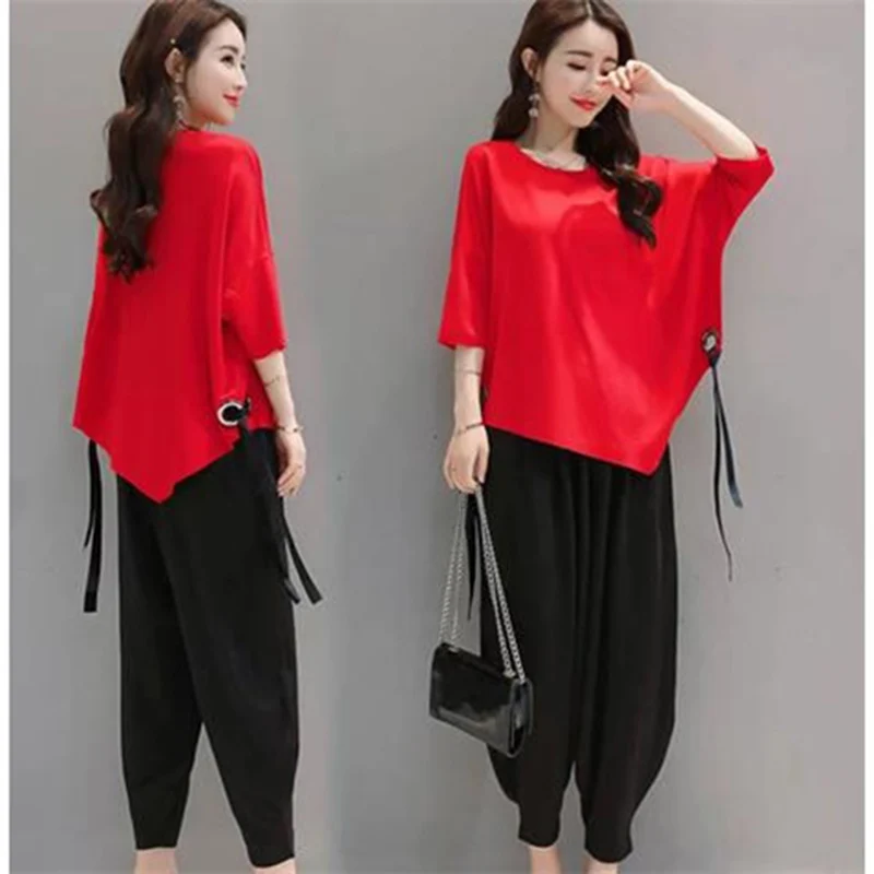 

Women's Summer New Two Pieces Set Women Loose Casual Tops + Vintage Lantern Pants Suit Set Stretch Sweatshirt Suit Plus Size