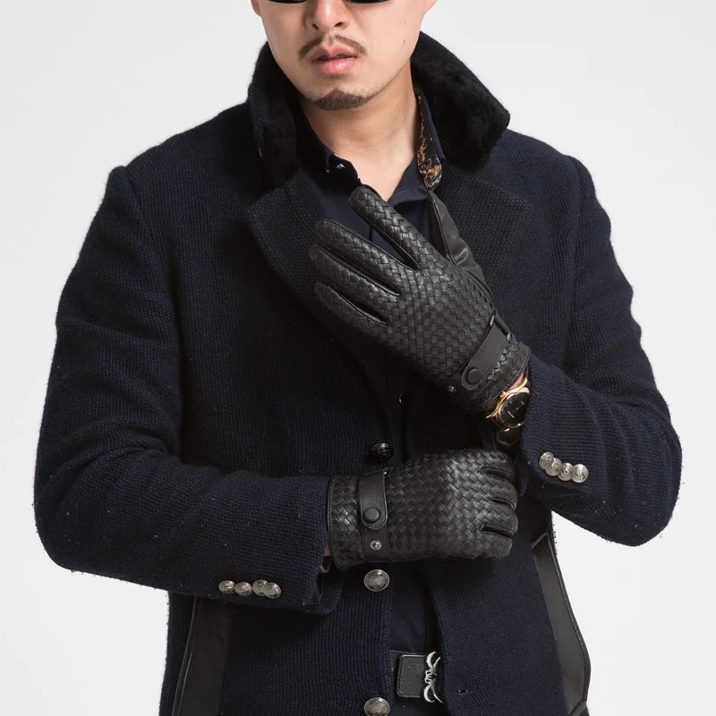 

High Quality Weave Men Genuine Leather Gloves Fashion Solid Wrist Sheepskin Glove Man Plus Velvet Winter Warm Gloves Driving