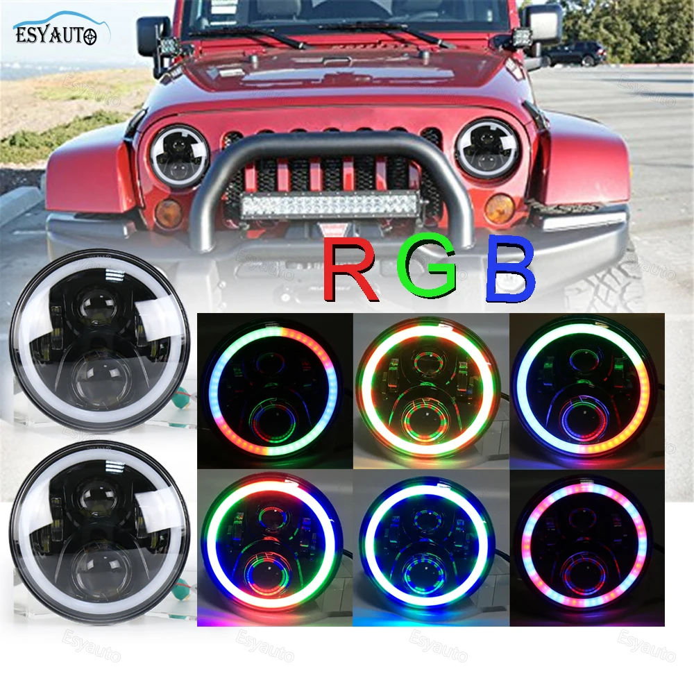 7inch RGB Halo LED 50W Headlamp With Bluetooth Control High/Low Beam Angel Eyes Individual Headlight For Jeep Wrangler TJ LJ JK