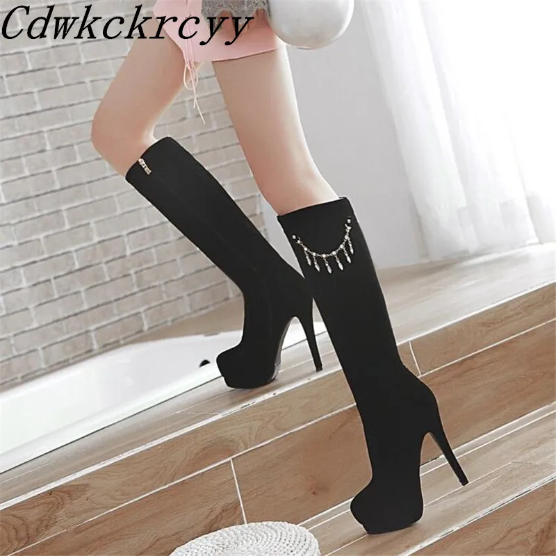 winter New pattern fashion Round head gules sexy Suede Thin leg Elastic force Boots Fine heel Add wool Keep warm Women Boots