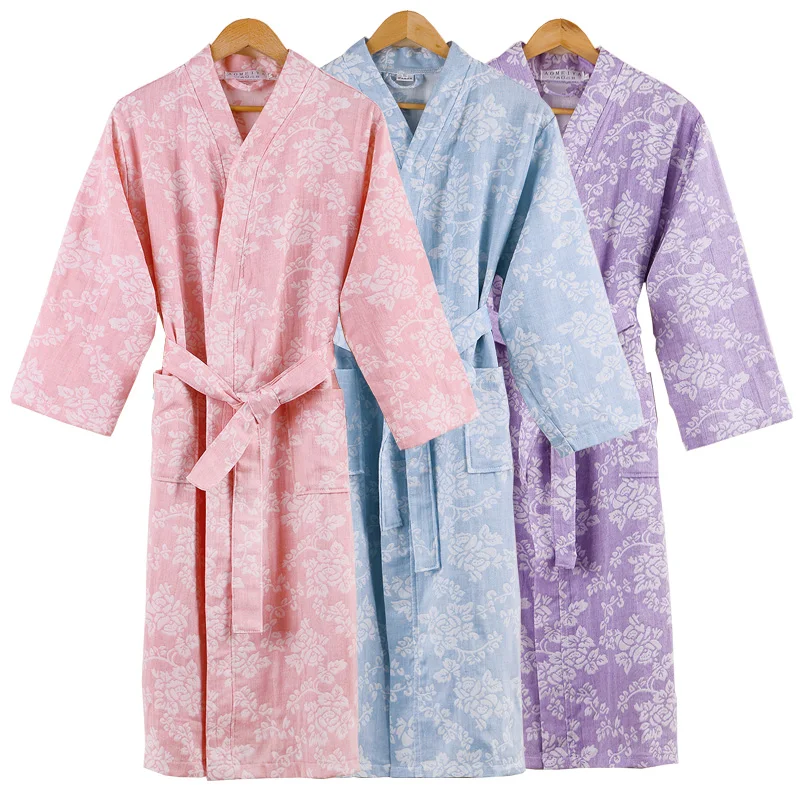 New Spring Autumn 100% Cotton Nightgown Sexy Bath Robe Women's Sleepwear Double deck Gauze Sleepshirts Female Home Bathrobe