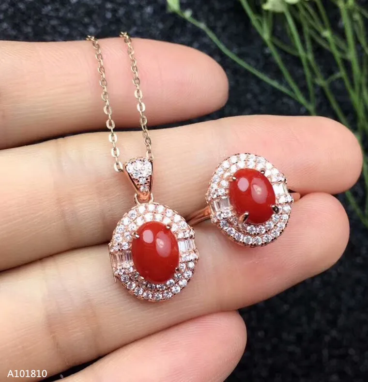 KJJEAXCMY boutique jewels 925 pure silver inlaid natural red coral female ring + pendant suit jewelry support test view 2