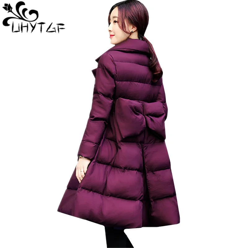 UHYTGF Winter Jacket Women Parkas Down Jacket Thicken Warm Overcoat Bow Slim Skirt Style Lapel Korean Cotton Coat Female 1001