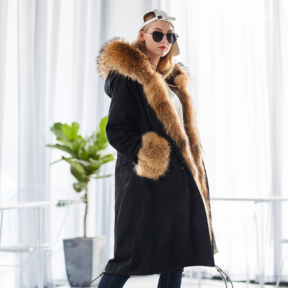 Maomaokong Winter Woman Natural Fur Overcoat Plus Size Black Parkas Raccoon Real Fur Lining Extra Larg Warm Jacket Coats Long