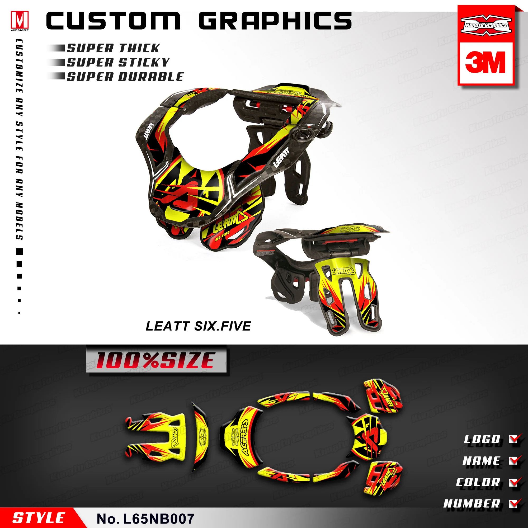 

KUNGFU GRAPHICS MX Racing Decals Stickers for Neck Brace Leatt DBX GPX 6.5 Six.Five Yellow Red S/M L/XL (Style no. L65NB007)