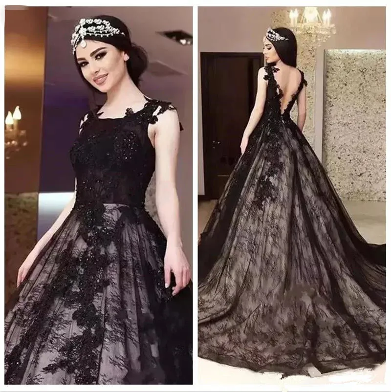 Elegante Vestido De Novia con Apliques De encaje negro, línea A, espalda abierta, cuentas, gótico, talla grande, Vestido De Novia