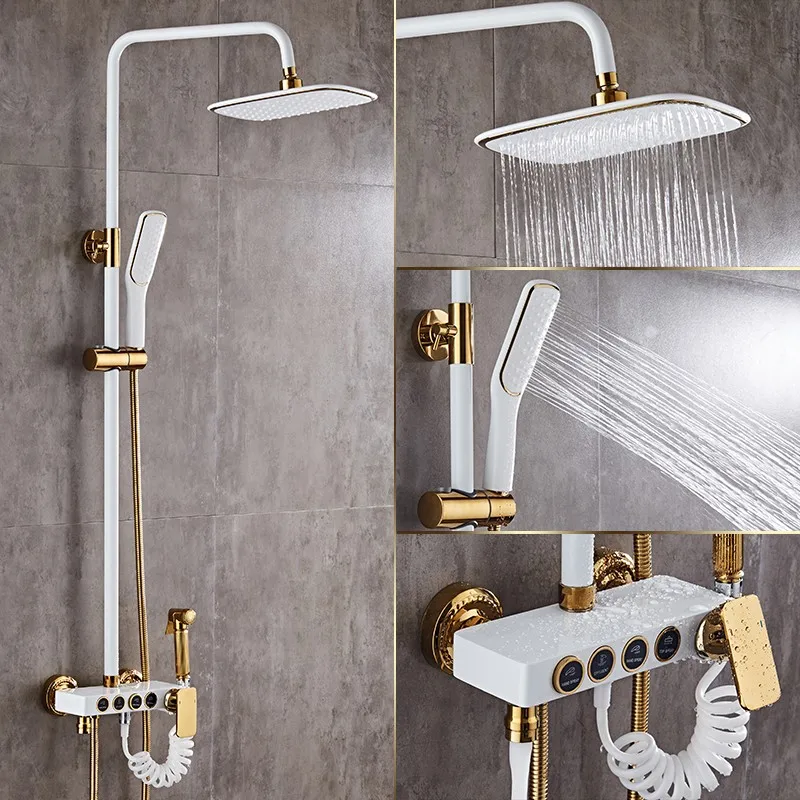 

Shower Faucets Brass White Bath Shower Set Wall Mount Bathtub Faucet Set Rain Shower Head Handheld Round Tub Mixer Taps WF-18088