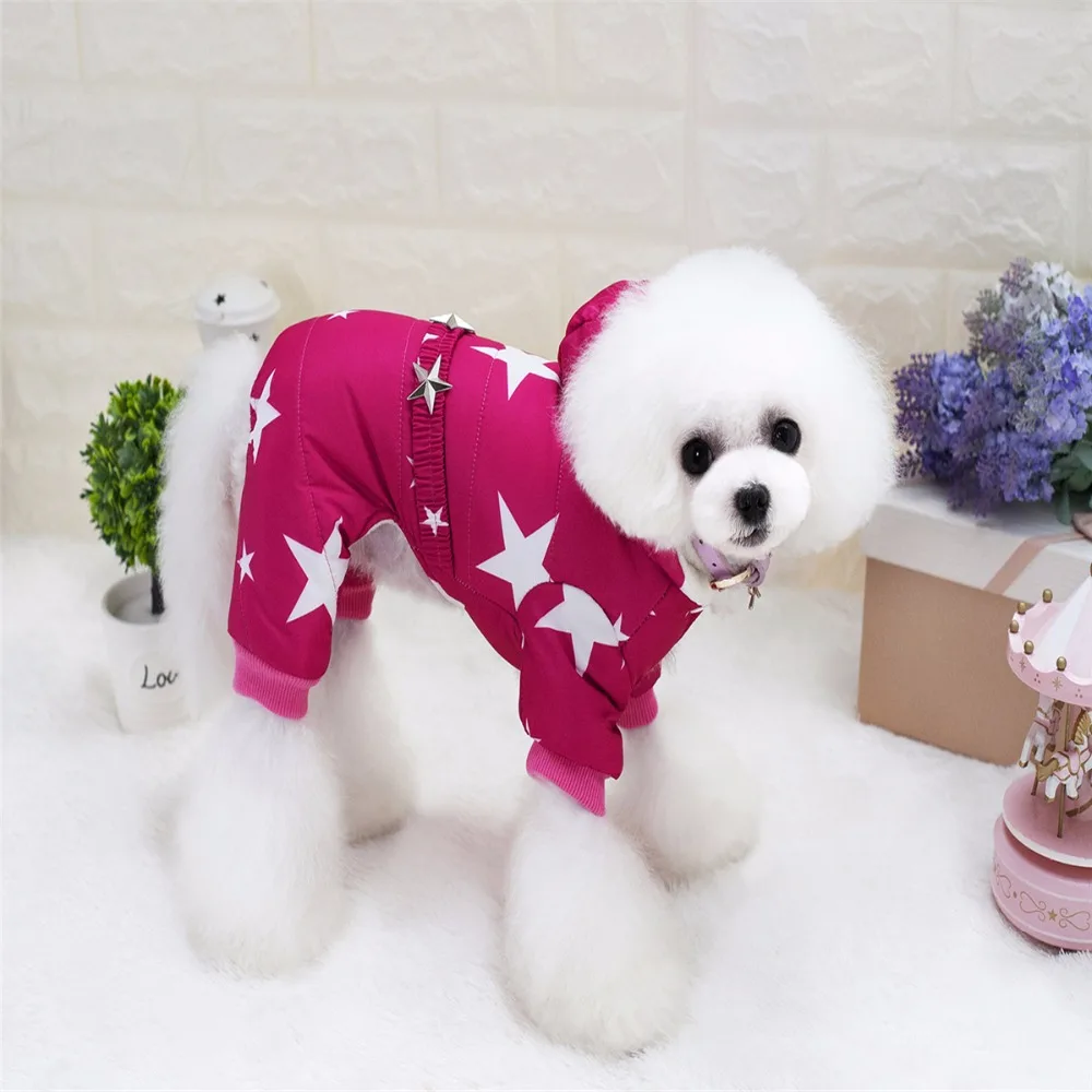 Snowsuit For Small Dogs Fleece Lined Star Belt Hooded Jumpsuit Four-Legs Pants Winter Coats Puppy Dog Chihuahua Apparel Cloth