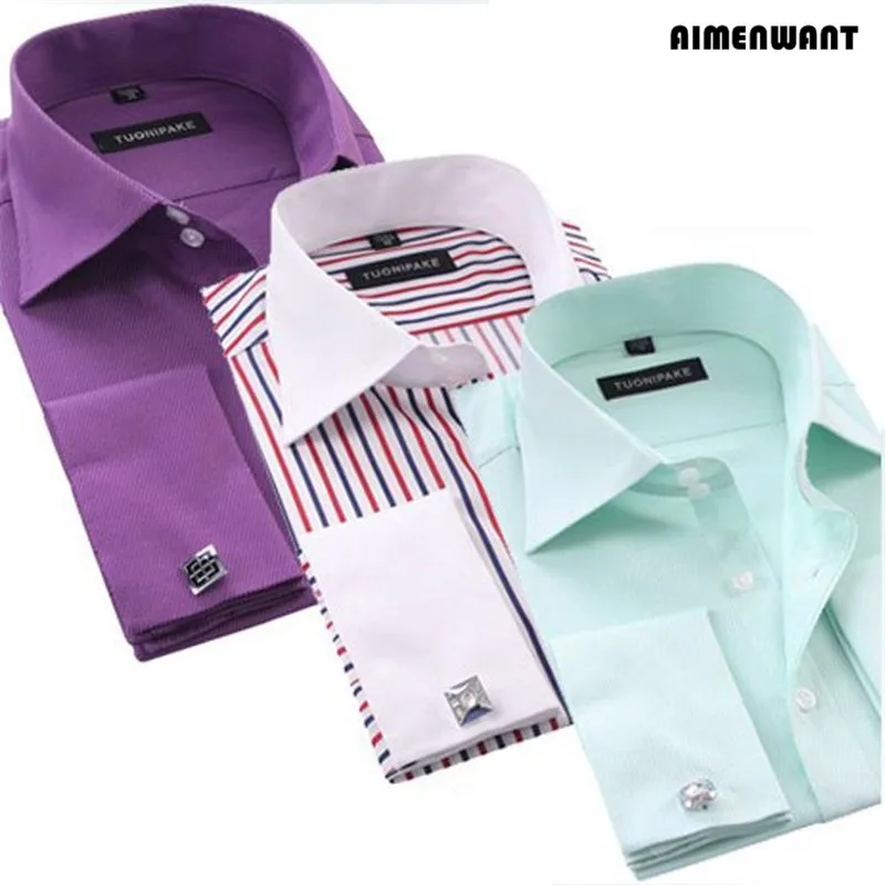 2023 Spring Business Shirt Mens Long Sleeve Slim Fit French Cuff Shirts Luxury Formal Checked Tees For Gifts Free Shipping