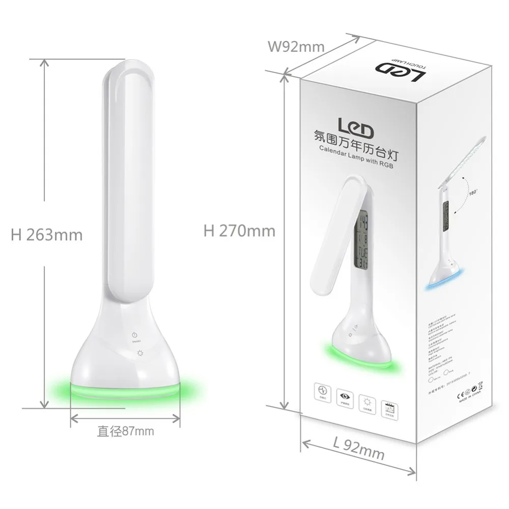 Led Desk Lamp Table Light Foldable Dimmable with Calendar Temperature Alarm Clock Atmosphere Colors Changing Book Light