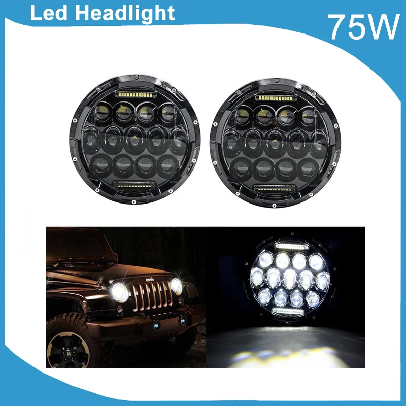 

2 Pcs 7" Round LED Headlight 75W Black Chrome H4 plug with DRL HIGH LOW Beam LED Lamp for SUV Motorcycle Trucks Offroad wrangler