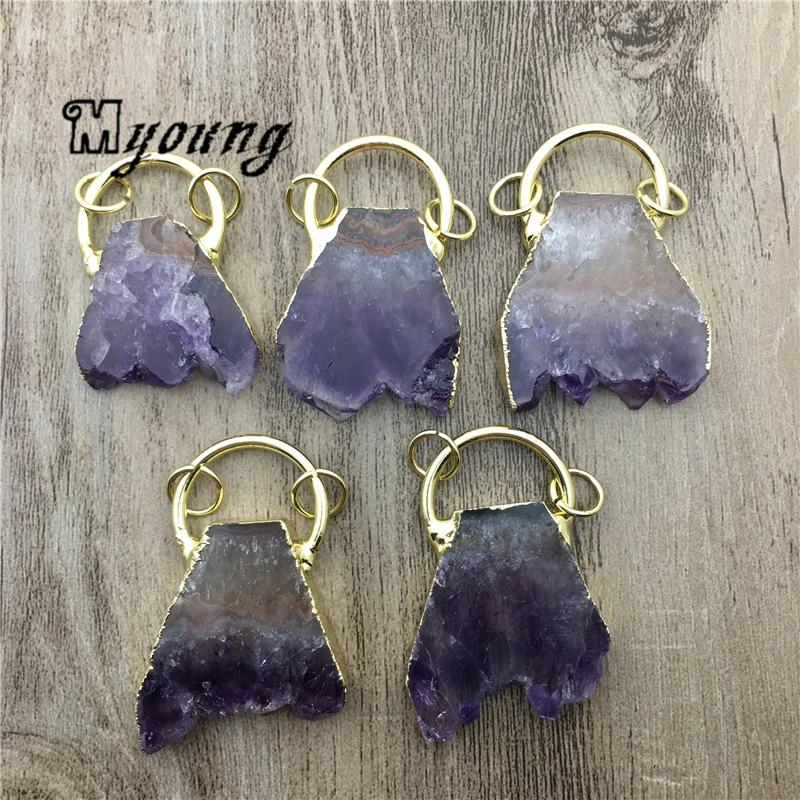 Nature Amethysts Slice Pendant,Purple Crystal Quartz Charms With Pure Gold loop For DIY Jewelry  MY2029