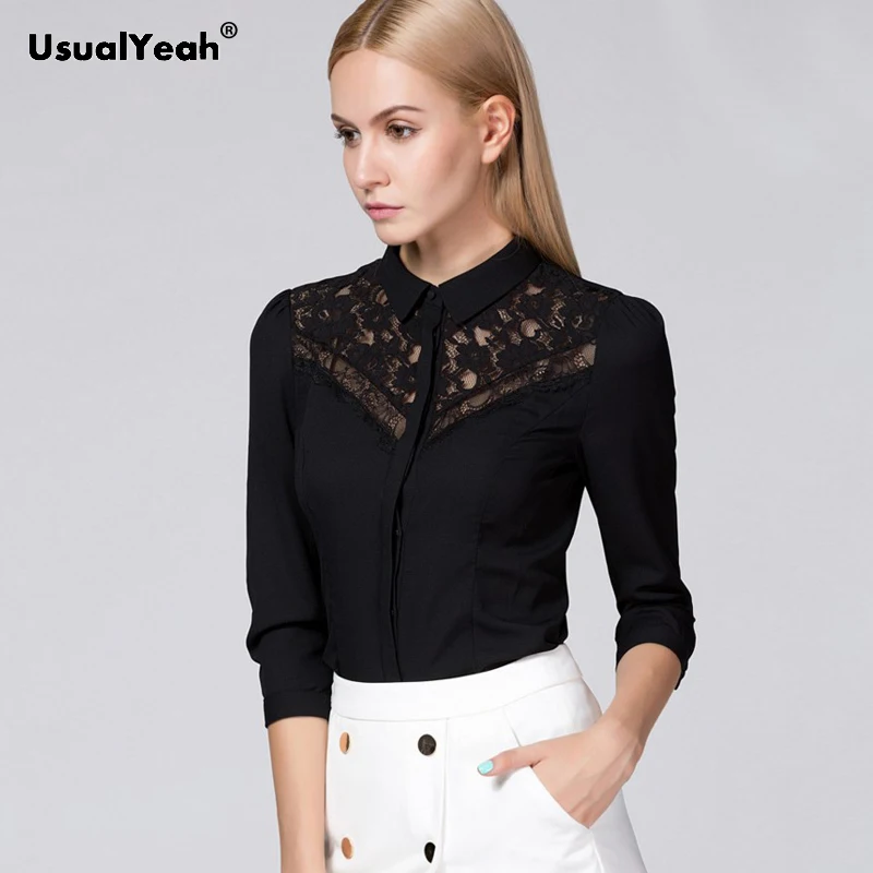 UsualYeah Black Lace Patch Body Shirt Autumn 3/4 Sleeve Smart Office Lady Work Wear Solid Color Bodysuit White