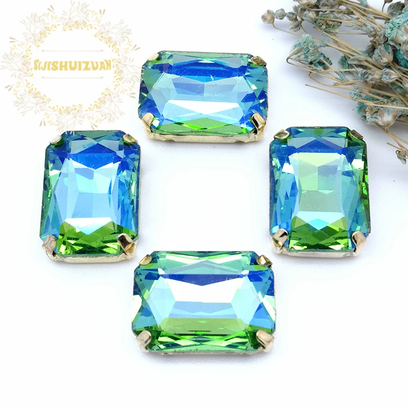 Green AB Color Rectangle Glass Crystal Sew On Rhinestones Sewing With Gold Four Claw Diy Wedding Dress Accessories 20PCS/Bag