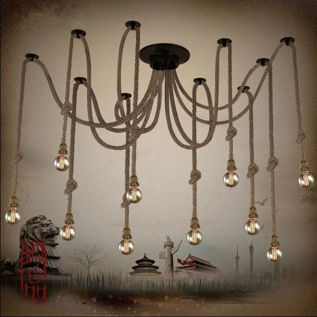 Hemp Rope Chandelier Antique Classic Adjustable Diy Ceiling Spider Lamp Light Retro Edison Bulb Pedant Lamp for home