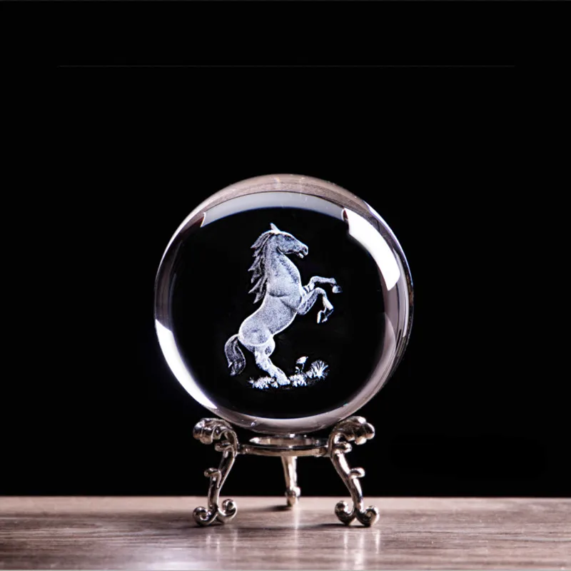 3D Laser Etched Zodiac Horse Crystal Ball Miniature Animal Collectible Figurines Feng Shui Glass Sphere Home Art Decor Accessory