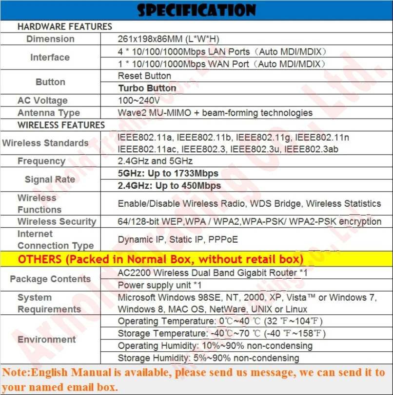 Array Antenna TP-LINK Wireless Router 802.11AC 2183Mbps Dual Band Gigabit AC2200 WiFi Router, 1000M Ports & Turbo, Chin-Firmware