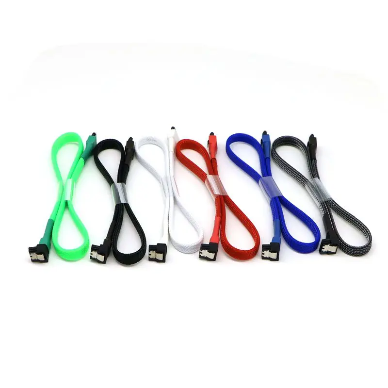 20pcs/Lot Black, White, Red, Blue, Green and Carbon Sleeved SATA III 6Gbps 7Pin Right Angle to Straight Angle With Metal Latch.