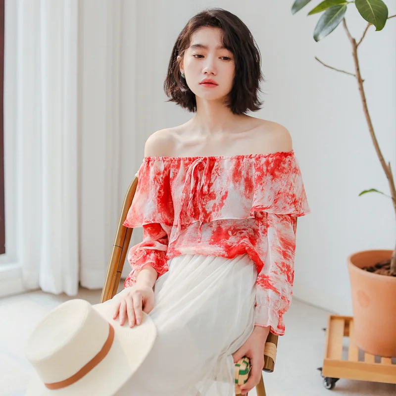 Summer Chiffon Shirt Chic Strapless Slash Collar Ruffled Printing Loose Blouse Women Temperament Three Quarter Sleeve Top H9174