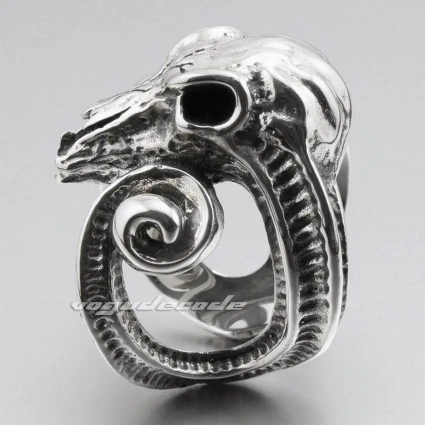 Large Ran Skull Horn Aries 316L Stainless Steel Mens Biker Ring 6R005 image 3