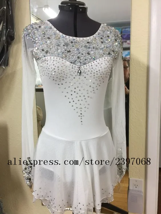 

white ice skating dresses for girls competition figure skating dresses custom spandex crystals kids ice clothes free shipping