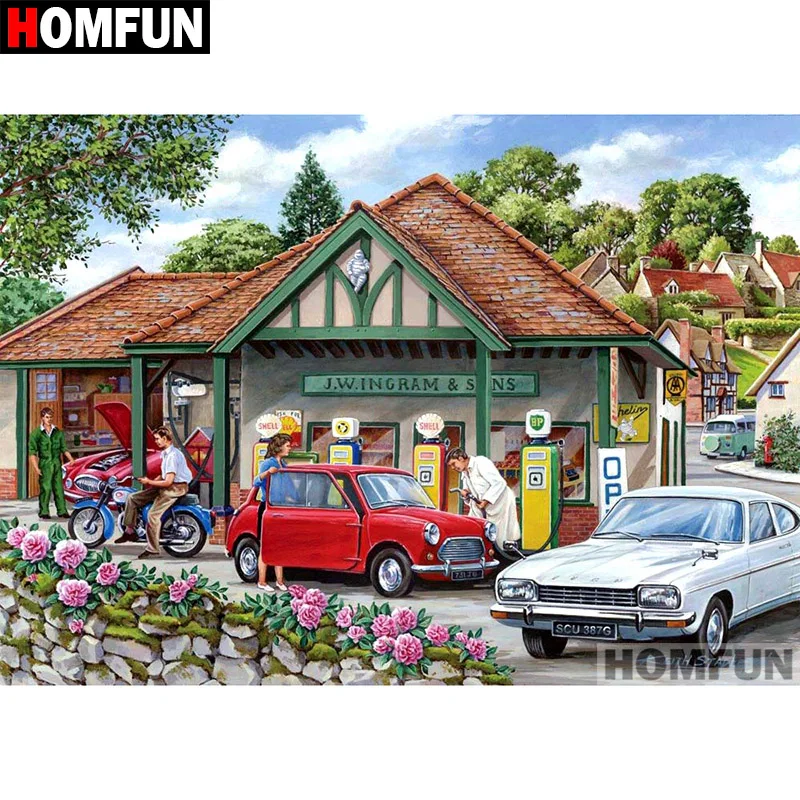 

HOMFUN Full Square/Round Drill 5D DIY Diamond Painting "Rural Gas Station" Embroidery Cross Stitch 5D Home Decor Gift A07274