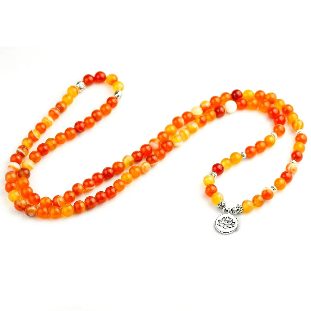 8MM Orange Stripe Onyx Mala Bracelet Women Lotus Tree Wing Pendant Necklace Unisex 108 Prayer Beads Stone Jewelry Men