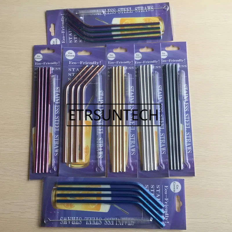 50sets 4PCS Stainless Steel Straight Straw Bend Straws With 1 Cleaner Brush Retail Package 265mm 6mm Drink Tool For Mugs 30oz