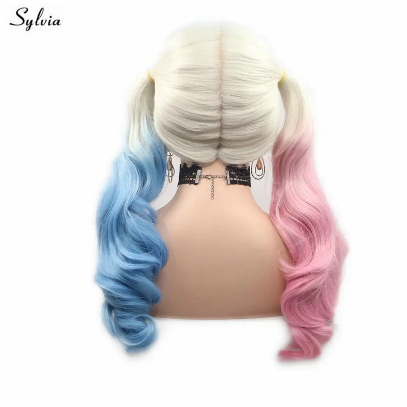 Sylvia Long Wavy Heat Resistant Synthetic Lace Front Wig for Women Blonde Ombre Half Blue/Half Pink Wig Halloween Cosplay Wig