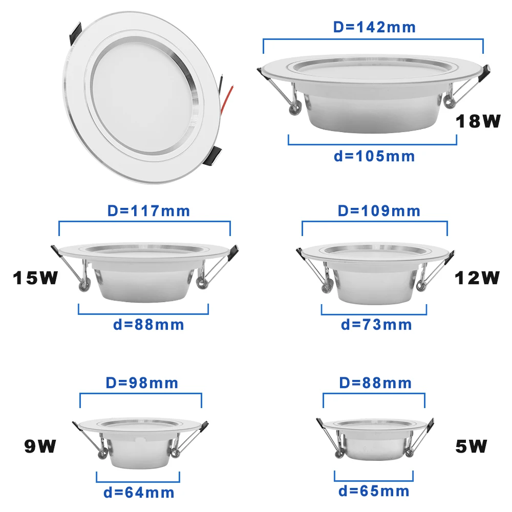Ac 220v led downlight gouden zilverkleurige plafondlamp ronde inbouw 5w 9w 12w 15w 18w led gloeilamp wit/warm wit led down lamp