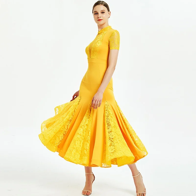 Robe de danse standard pour femmes, robe de valse à franges, costumes standard, vêtements de danse, lumineux, dentelle jaune