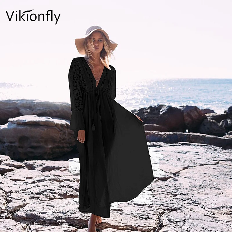 Vikionfly vestido longo de praia para mulheres, biquíni de renda para cobrir biquini verão 2020 túnica