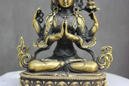 Exquisite Chinese Tibetan Buddhism Brass 4 Arm GuanYin Goddess of Mercy Buddha statue