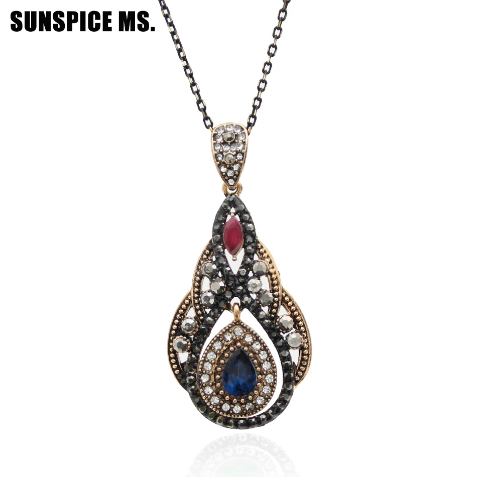 Sunspicems Vintage Turkish Pendant Necklaces For Women Antique Gold Color Resin Arabic Jewelry Full Crystal