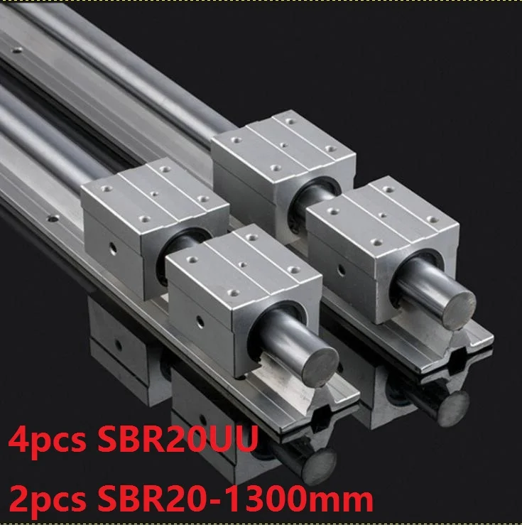 2pcs SBR20 20mm -L 1300mm support guide linear rail + 4pcs SBR20UU linear blocks CNC parts linear guide