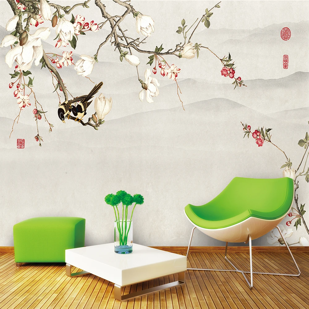 

Custom wallpaper Chinese style rich magnolia ink landscape TV background wall decoration waterproof material