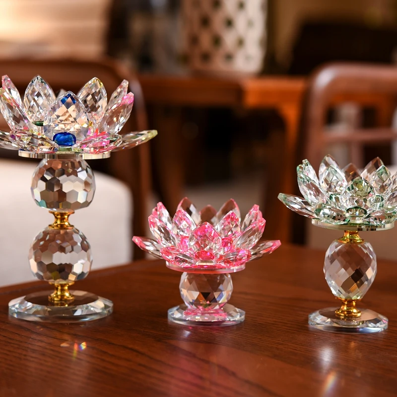 3 Size Crystal Glass Lotus Flower Candle Tea Light Holder Buddhist Candlestick Home Decoration(8 Colors Select)