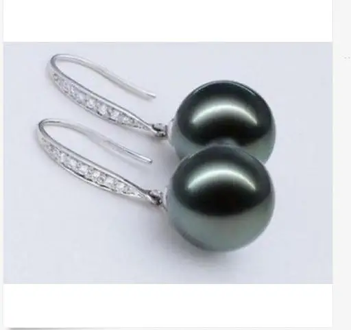 

charming 10-11mm tahitian round black green pearl earring 925s