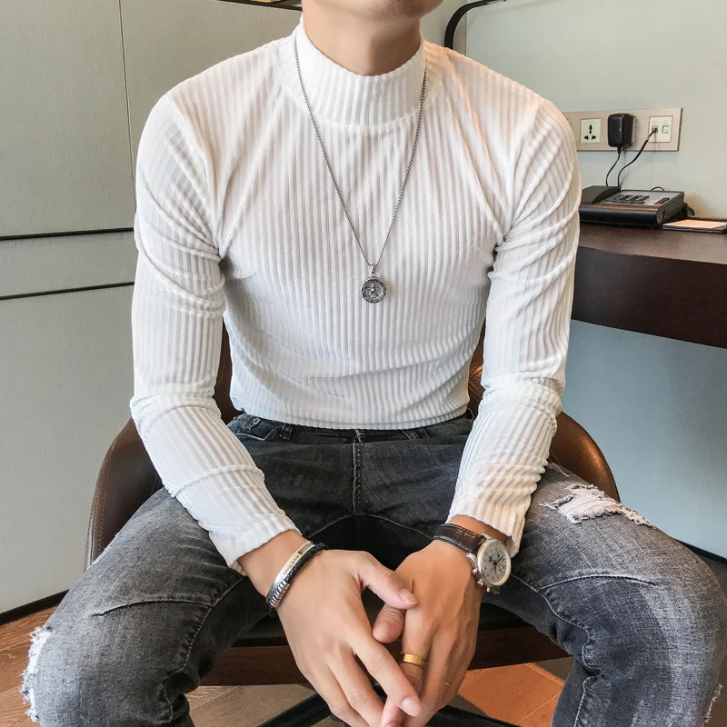Velours Homme 2019 Autumn Heren Velvet T shirt Green Turtleneck Khaki T Shirts Mens Stripe T-shirts Slim Fit Mens T Shirt Retro image 5