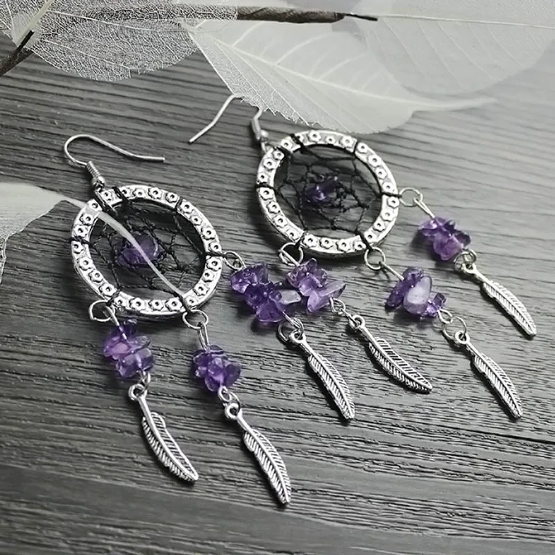 MEMOSTO Dream Cather European and American exquisite handmade original antique amethyst dream net earrings feather stud