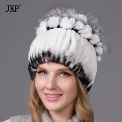 Fashion Women Winter  Natural Real Rex Rabbit Fur Hat Feather Fox Knitted Hedging Cap Female 2024 New Shelves THY-10